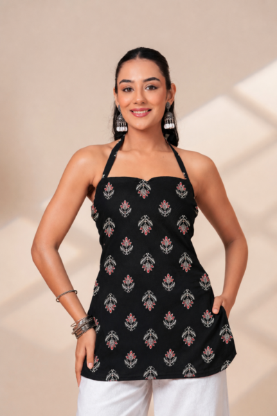 BOLBO Women Black Ethnic Motif Printed Halter Neck Cotton Short Kurti