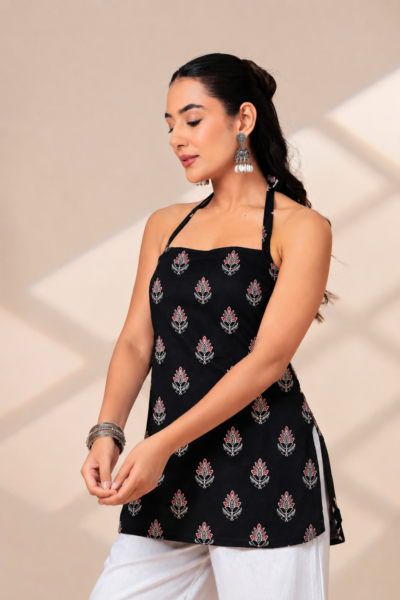 BOLBO Women Black Ethnic Motif Printed Halter Neck Cotton Short Kurti