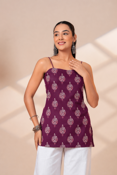 BOLBO Women Purple Ethnic Motif Printed Shoulder Strap Pure Cotton Top