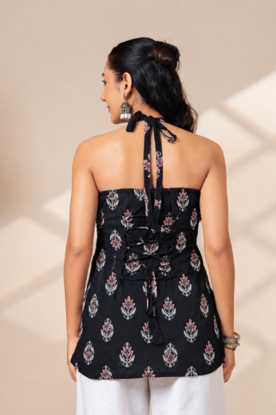 BOLBO Women Black Ethnic Motif Printed Halter Neck Cotton Short Kurti