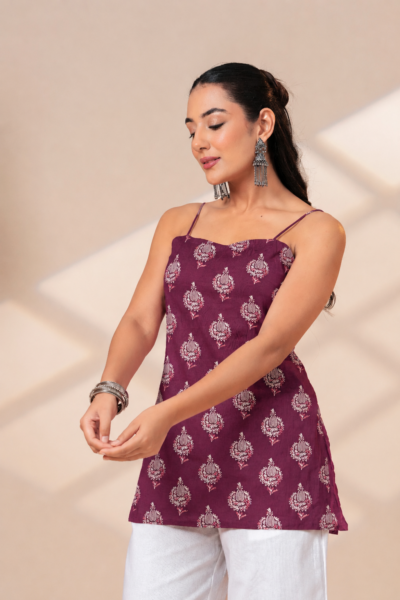 BOLBO Women Purple Ethnic Motif Printed Shoulder Strap Pure Cotton Top