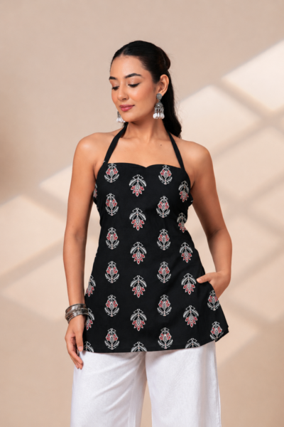 BOLBO Women Black Ethnic Motif Printed Halter Neck Cotton Short Kurti