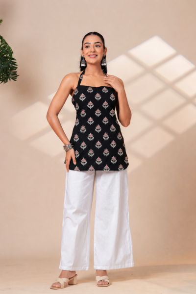 BOLBO Women Black Ethnic Motif Printed Halter Neck Cotton Short Kurti