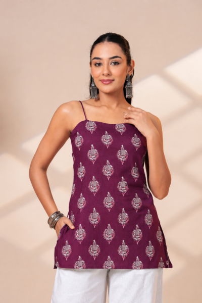 BOLBO Women Purple Ethnic Motif Printed Shoulder Strap Pure Cotton Top