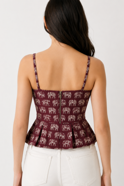 BOLBO Women Burgundy Elephant Print Shoulder Strap Peplum Cotton Top