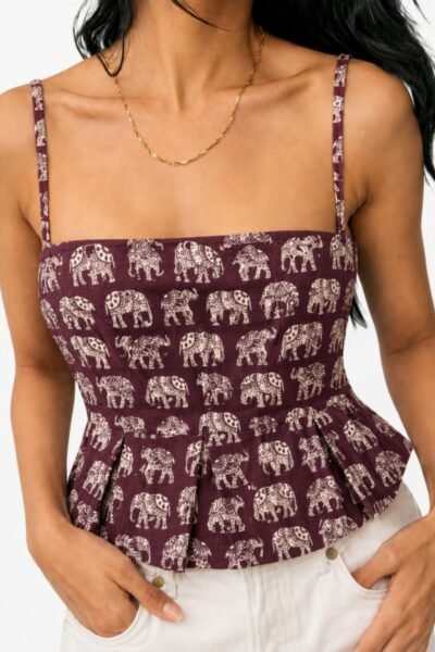 BOLBO Women Burgundy Elephant Print Shoulder Strap Peplum Cotton Top