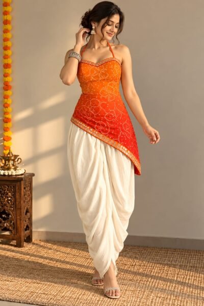 Red-Orange Flame Bandhani Halter Assymetric Georgette Kurti
