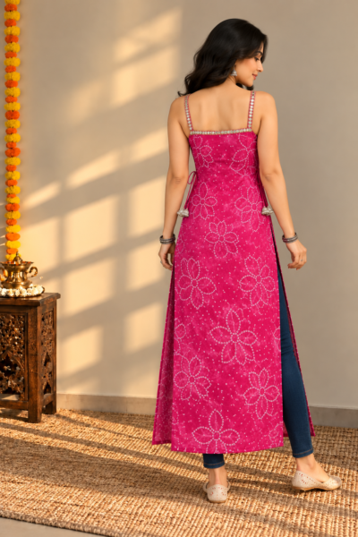 Magenta Pink Bandhani Mirror Work Strappy Long Georgette Kurti