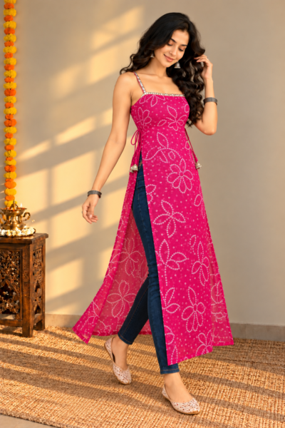 Magenta Pink Bandhani Mirror Work Strappy Long Georgette Kurti