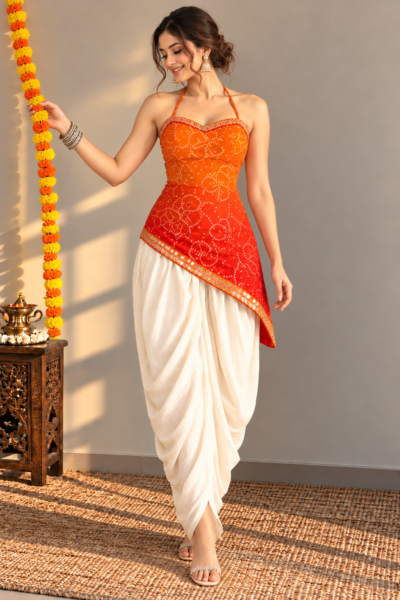 Red-Orange Flame Bandhani Halter Assymetric Georgette Kurti