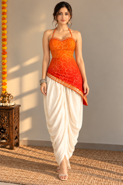 Red-Orange Flame Bandhani Halter Assymetric Georgette Kurti