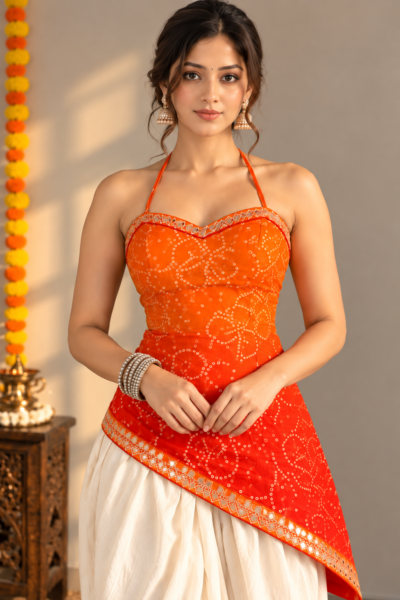 Red-Orange Flame Bandhani Halter Assymetric Georgette Kurti